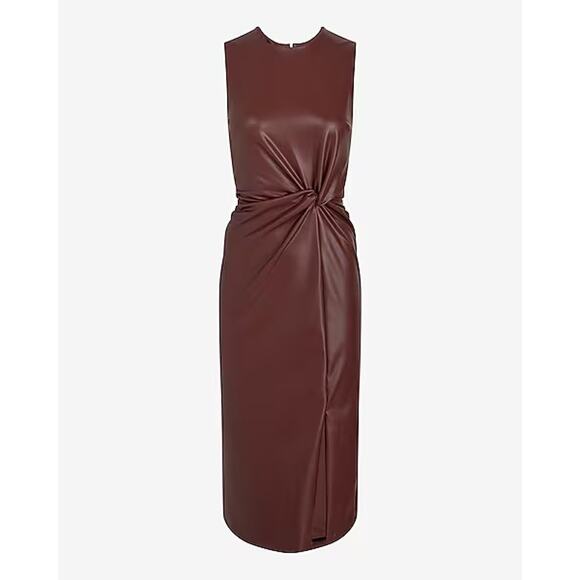 Express Faux Leather Twist Front Midi Dress XL Brown Sleeveless Bodycon - Picture 3 of 13